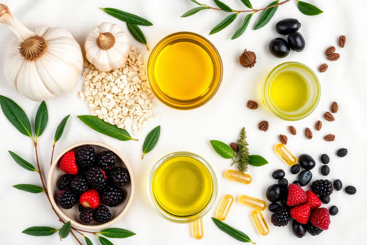Natural ingredients in ColestZen including garlic, oats, olive oil and berries